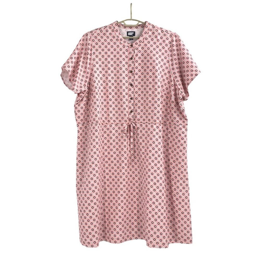 Lands' End Womens Plus 3X Button Front Short Sleeve House Dress Pink Floral